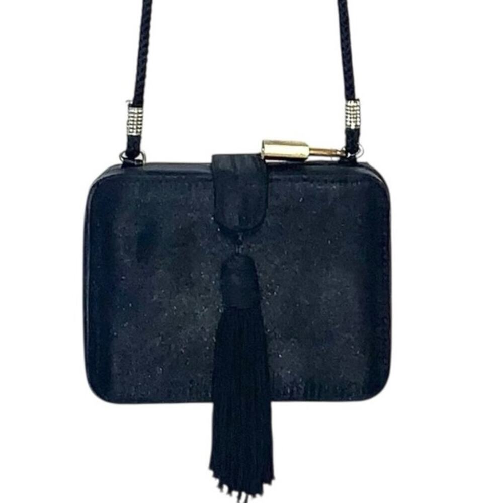 Jessica McClintock Black Satin Box Clutch Purse Tassel & Rope Strap Evening Bag